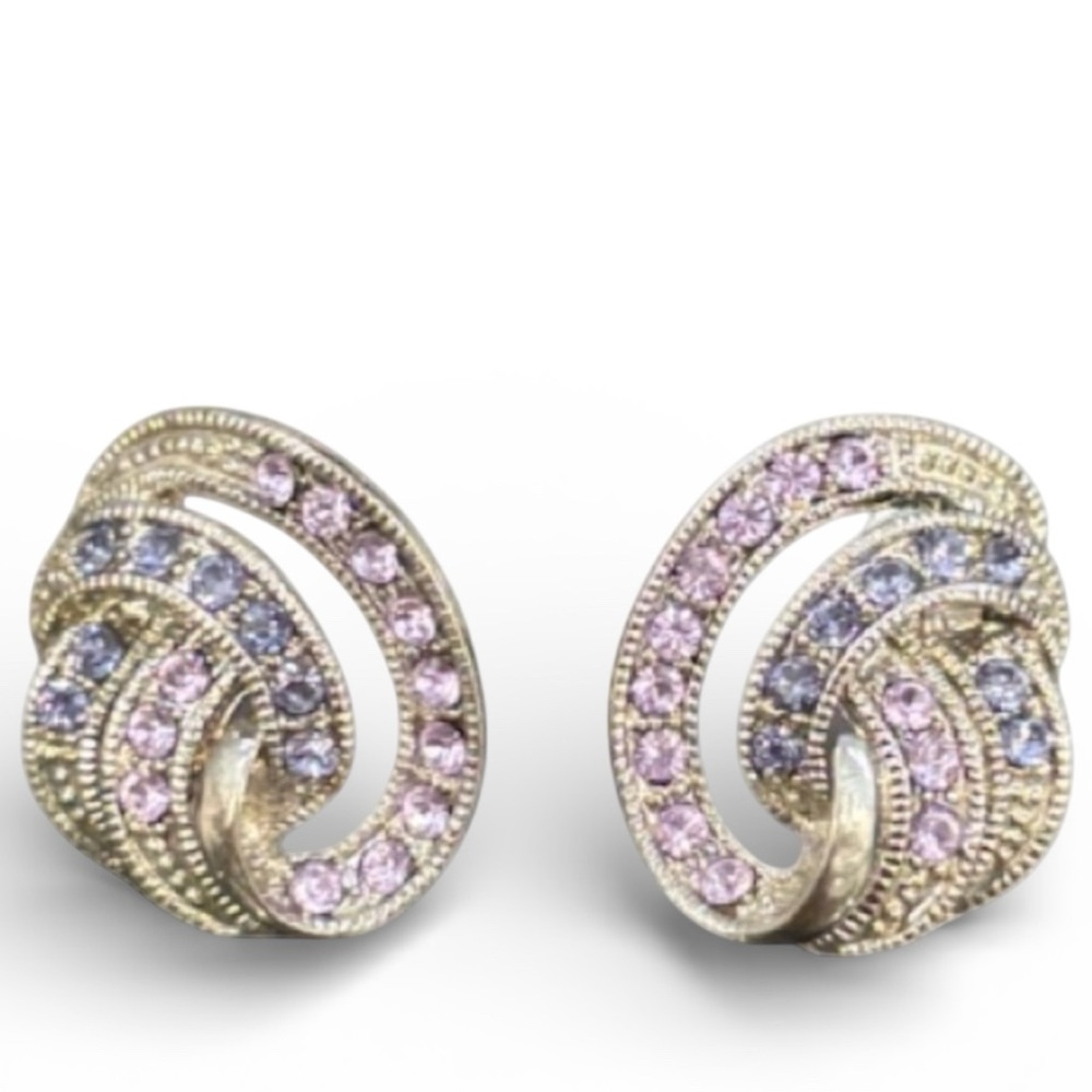 Vintage Earrings Sparkling Pink Purple Crystal Cubic Zirconia Formal Swirl Knot - Picture 2 of 16